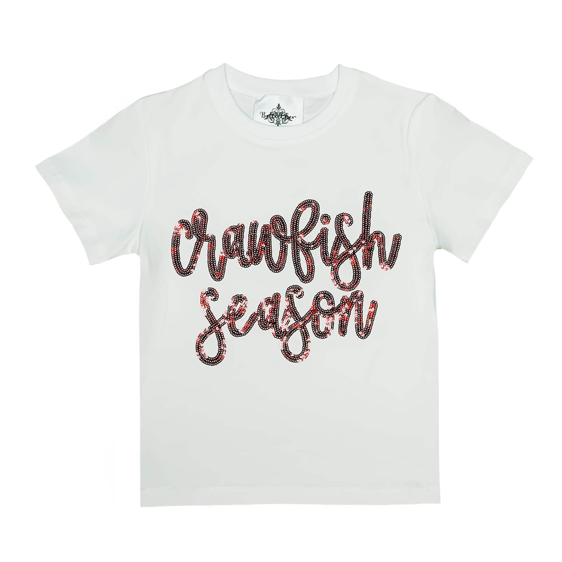 Crawfish Season Sequin White Shirt, back view