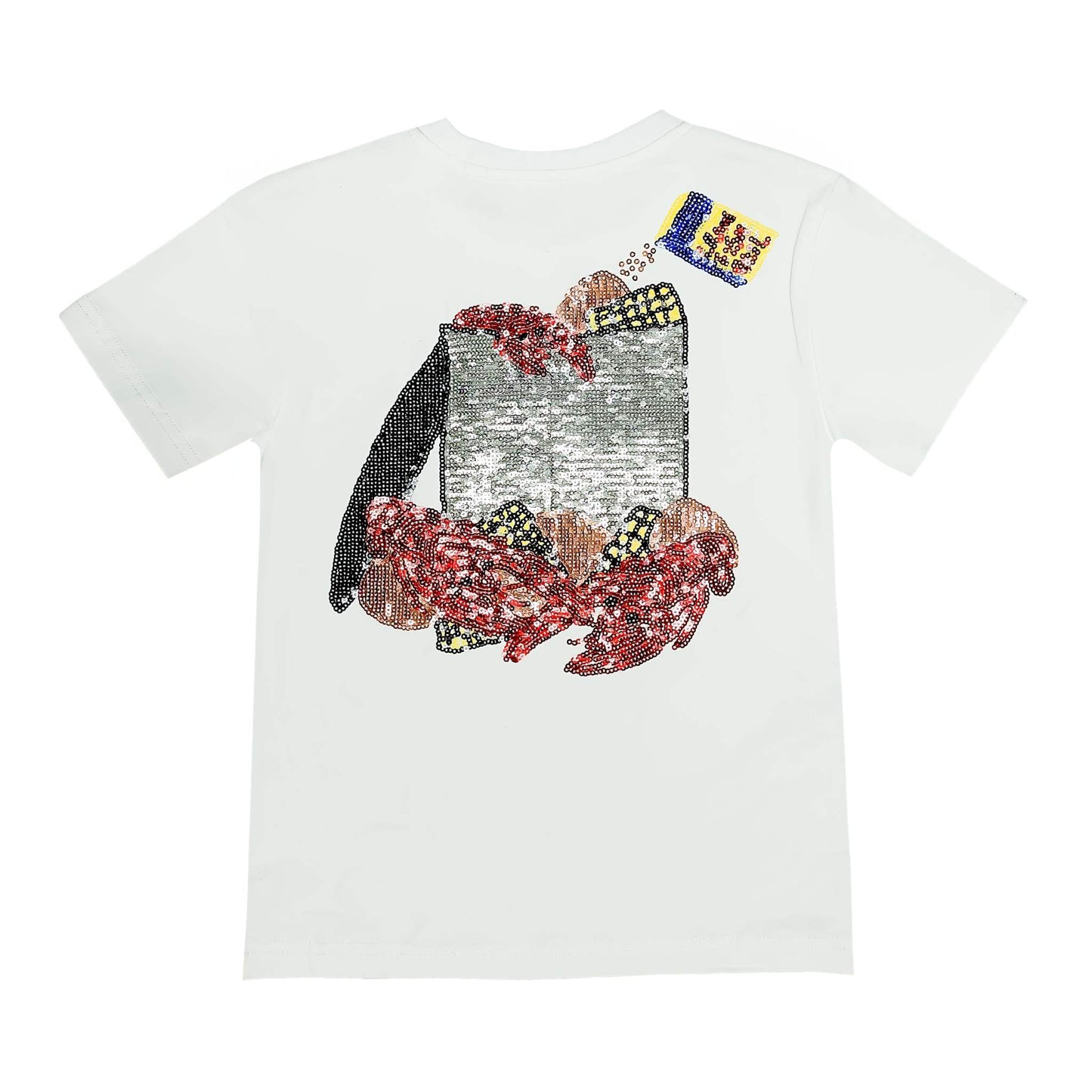 Crawfish Season Sequin White Shirt, side view