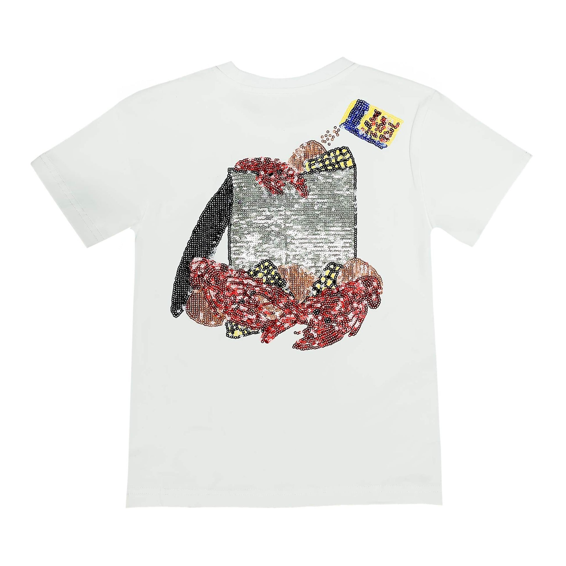 Crawfish Season Sequin White Shirt, side view