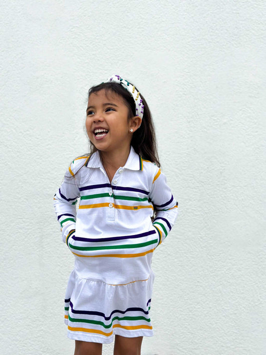 Mardi Gras Creations - White Infinity Youth Dress with colorful purple, green, and gold stripes, long sleeves, and a festive vibe.