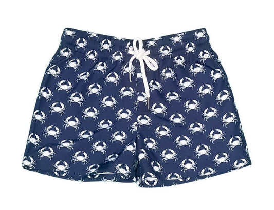 boys swim trunks navy and white crab design