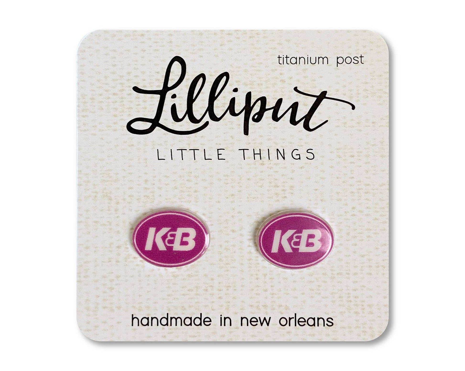 Lilliput Little Things K and B earrings on display card with titanium posts.