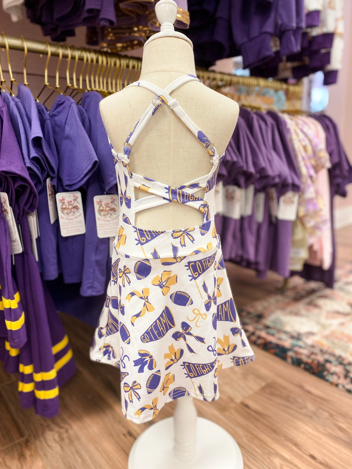 Purple and gold gameday twirl dress detail view