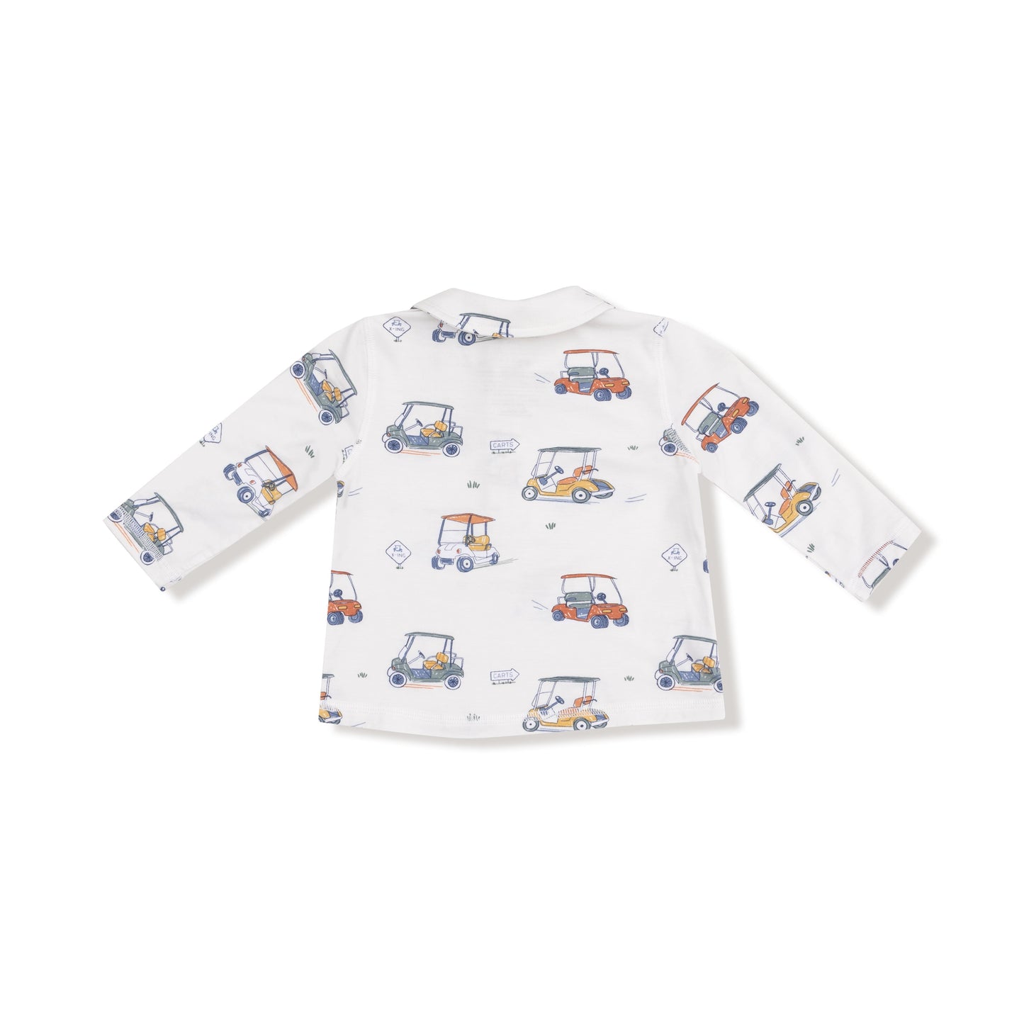 Zooming golf carts polo with cargo pants back view