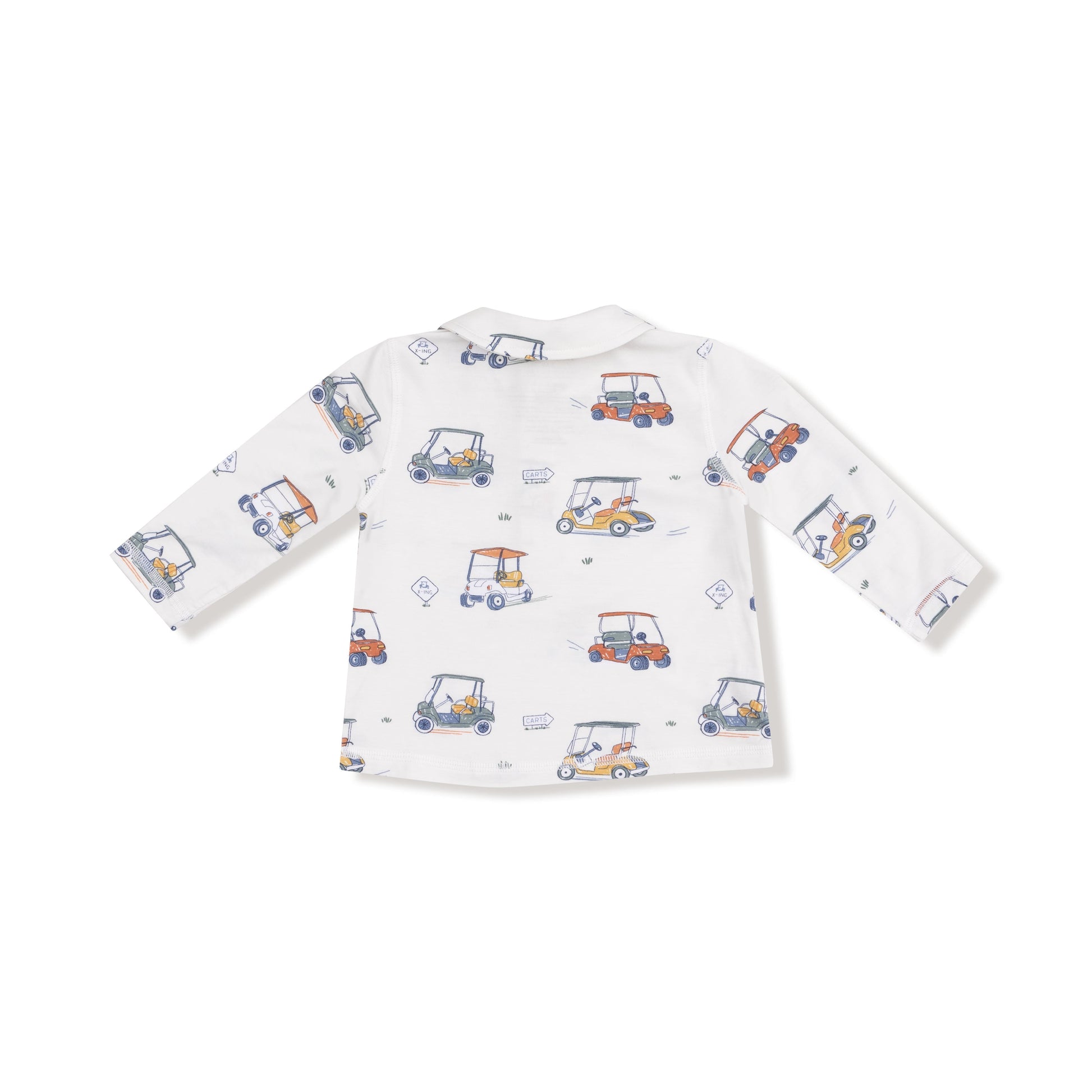 Zooming golf carts polo with cargo pants back view
