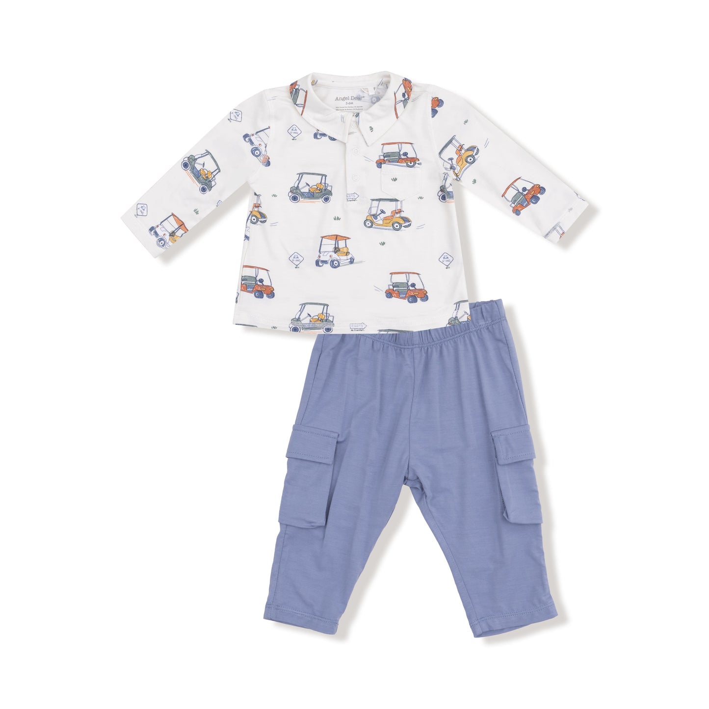 Zooming golf carts polo with cargo pants front view