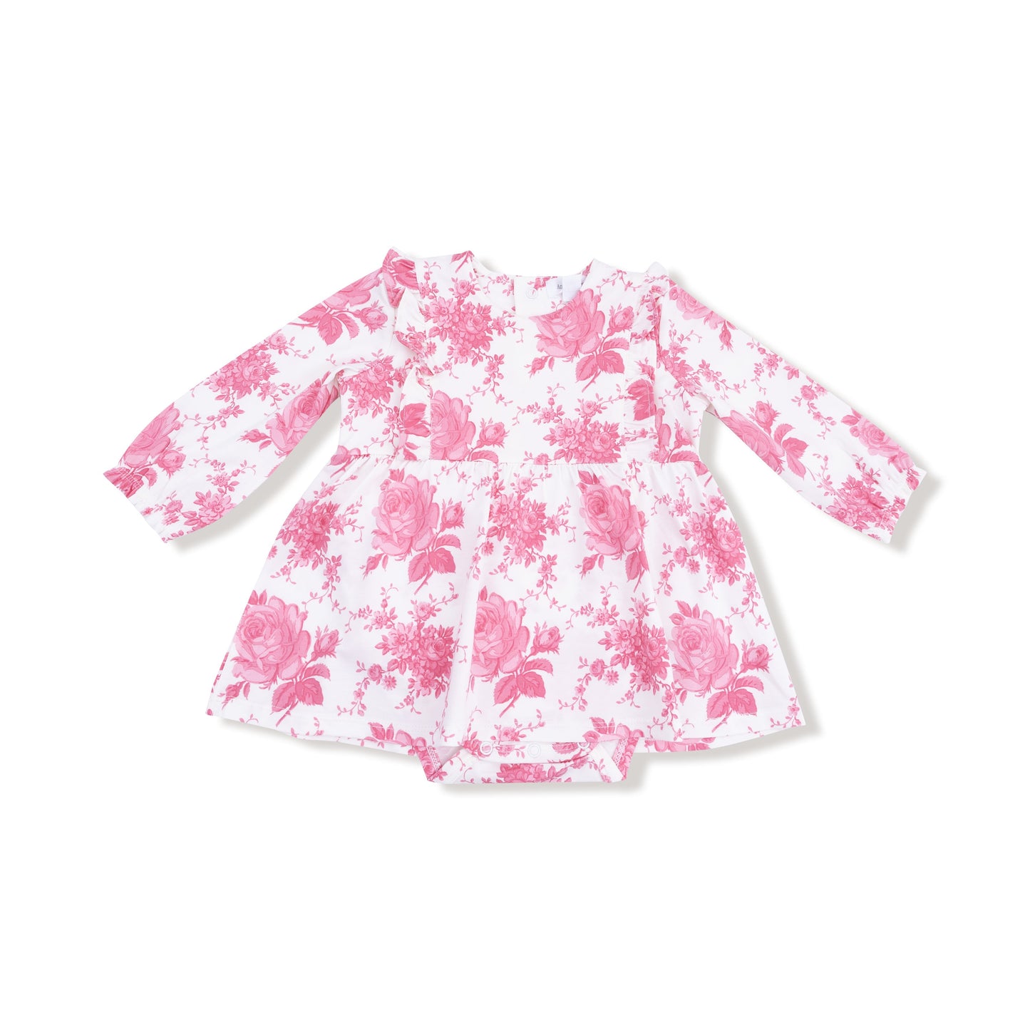 Vintage pink roses ruffle bodysuit dress detail view