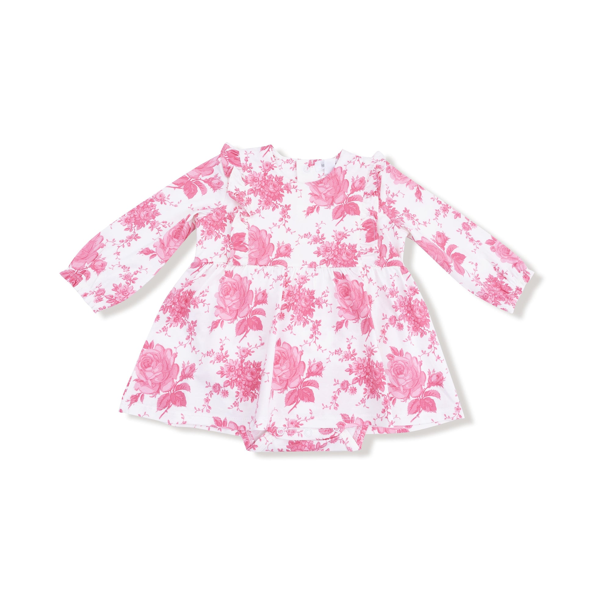 Vintage pink roses ruffle bodysuit dress detail view