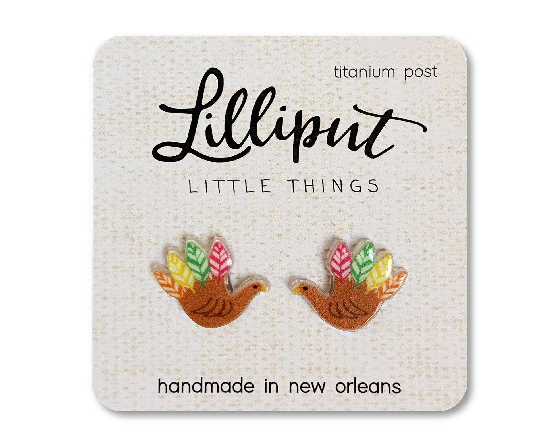Lilliput Little Things Thanksgiving hand turkey earrings with colorful feathers on hypoallergenic titanium posts, handmade in New Orleans