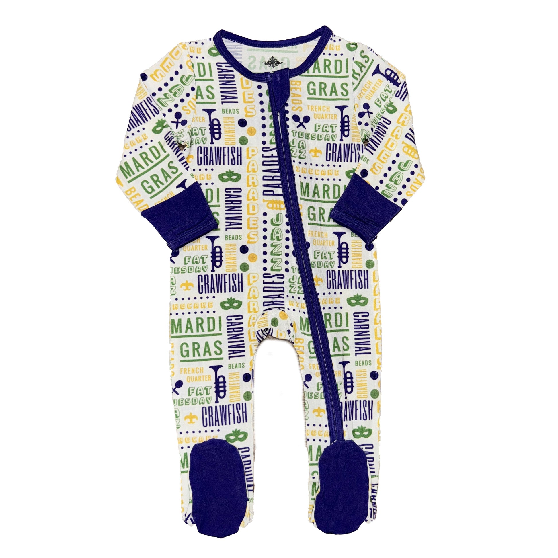 Baby pajamas with Mardi Gras and crawfish design on a white background