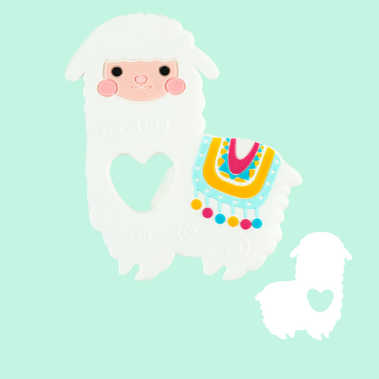 White alpaca-shaped silicone teething toy with colorful saddle and heart cutout, designed for babies.