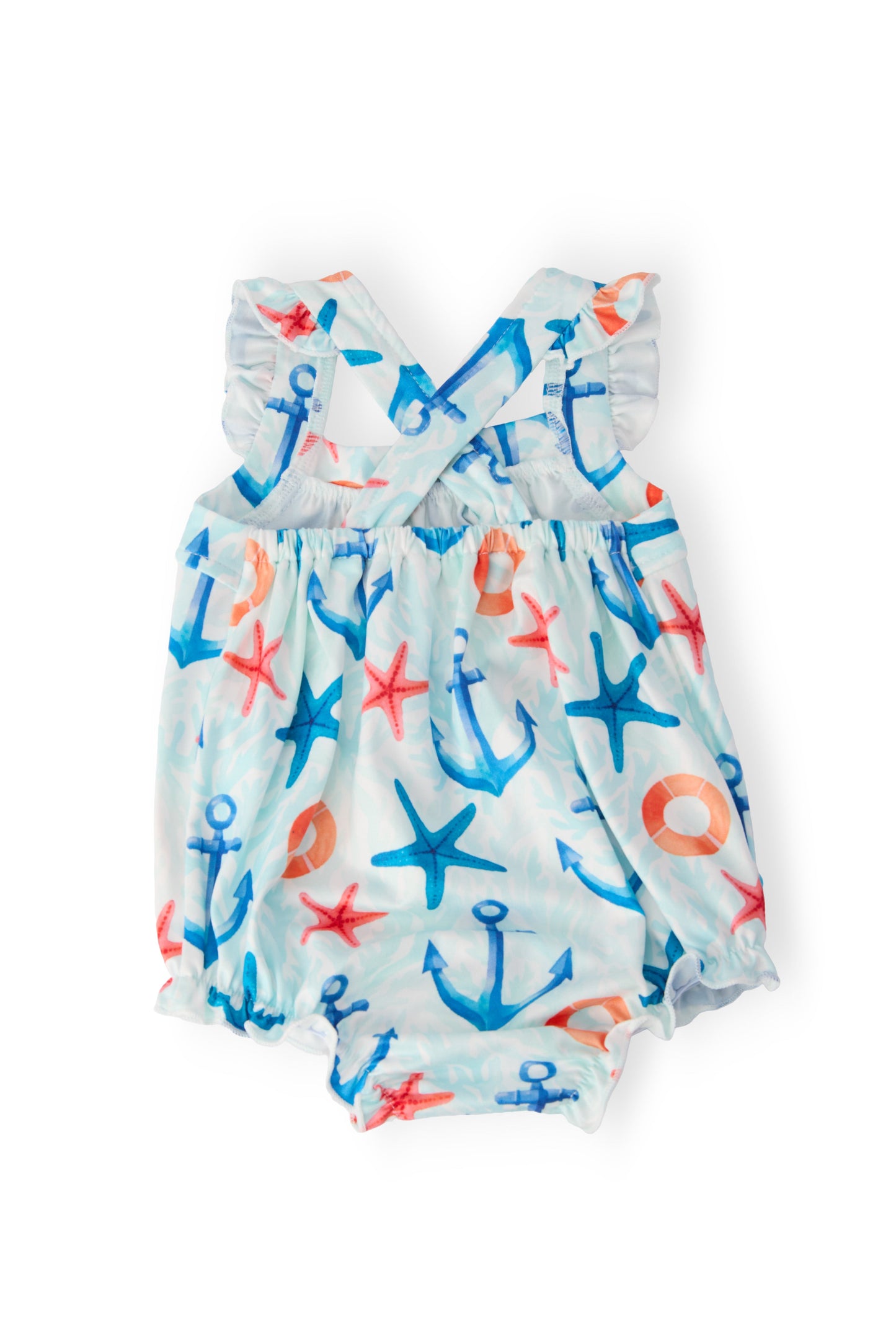 Anchors Away Ruffle Cross Back Romper