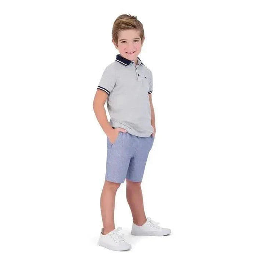 Chambray boys shorts with varsity stripes and multiple pockets for active wear