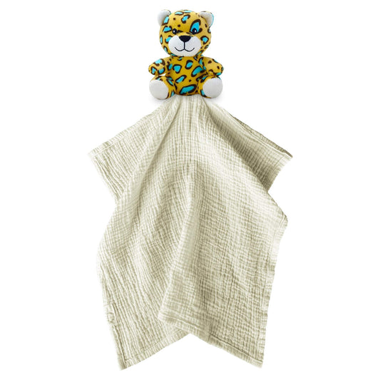 Me Lovey™ Leopard security blanket with plush stuffed animal and soft beige muslin fabric for baby comfort and snuggling