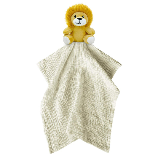 Me Lovey™ Lion plush security blanket with soft beige muslin fabric and cuddly lion head.
