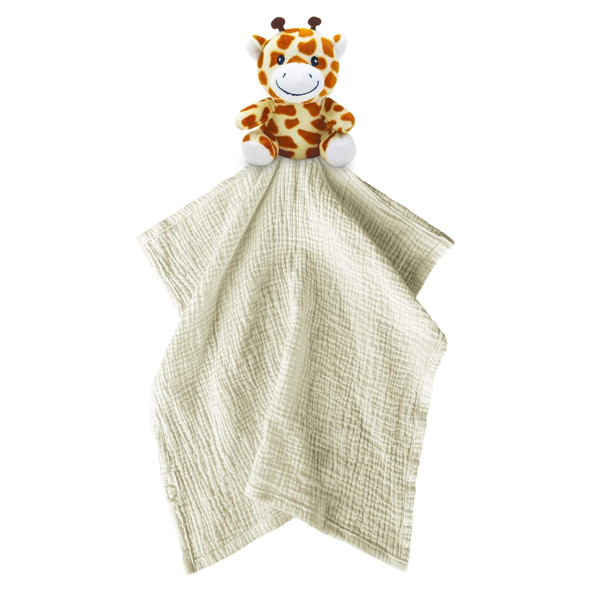 Me Lovey™ Giraffe plush security blanket baby toy with soft beige muslin fabric and smiling giraffe head