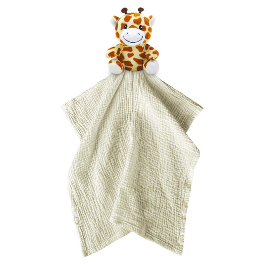 Me Lovey™ Giraffe plush security blanket baby toy with soft beige muslin fabric and smiling giraffe head
