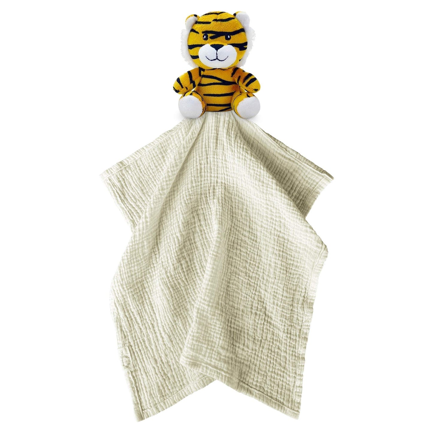 Me Lovey™ Tiger Security Blanket with soft cream muslin fabric and plush tiger toy head for baby comfort and cuddling