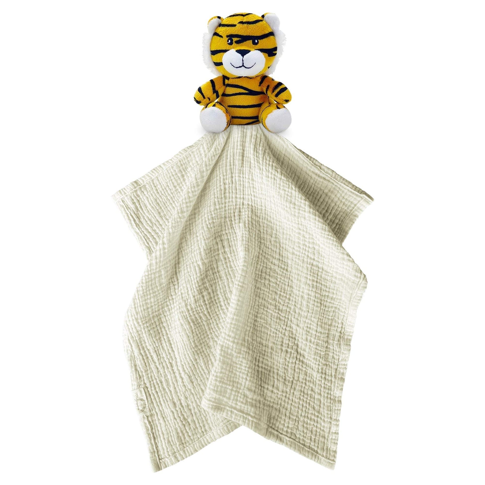 Me Lovey™ Tiger Security Blanket with soft cream muslin fabric and plush tiger toy head for baby comfort and cuddling