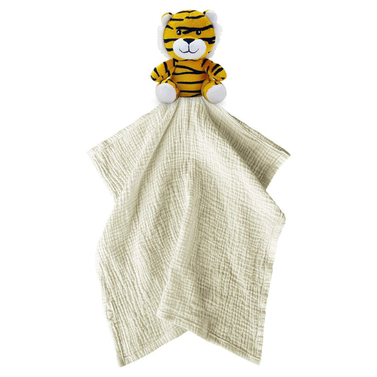 Me Lovey™ Tiger Security Blanket with soft cream muslin fabric and plush tiger toy head for baby comfort and cuddling