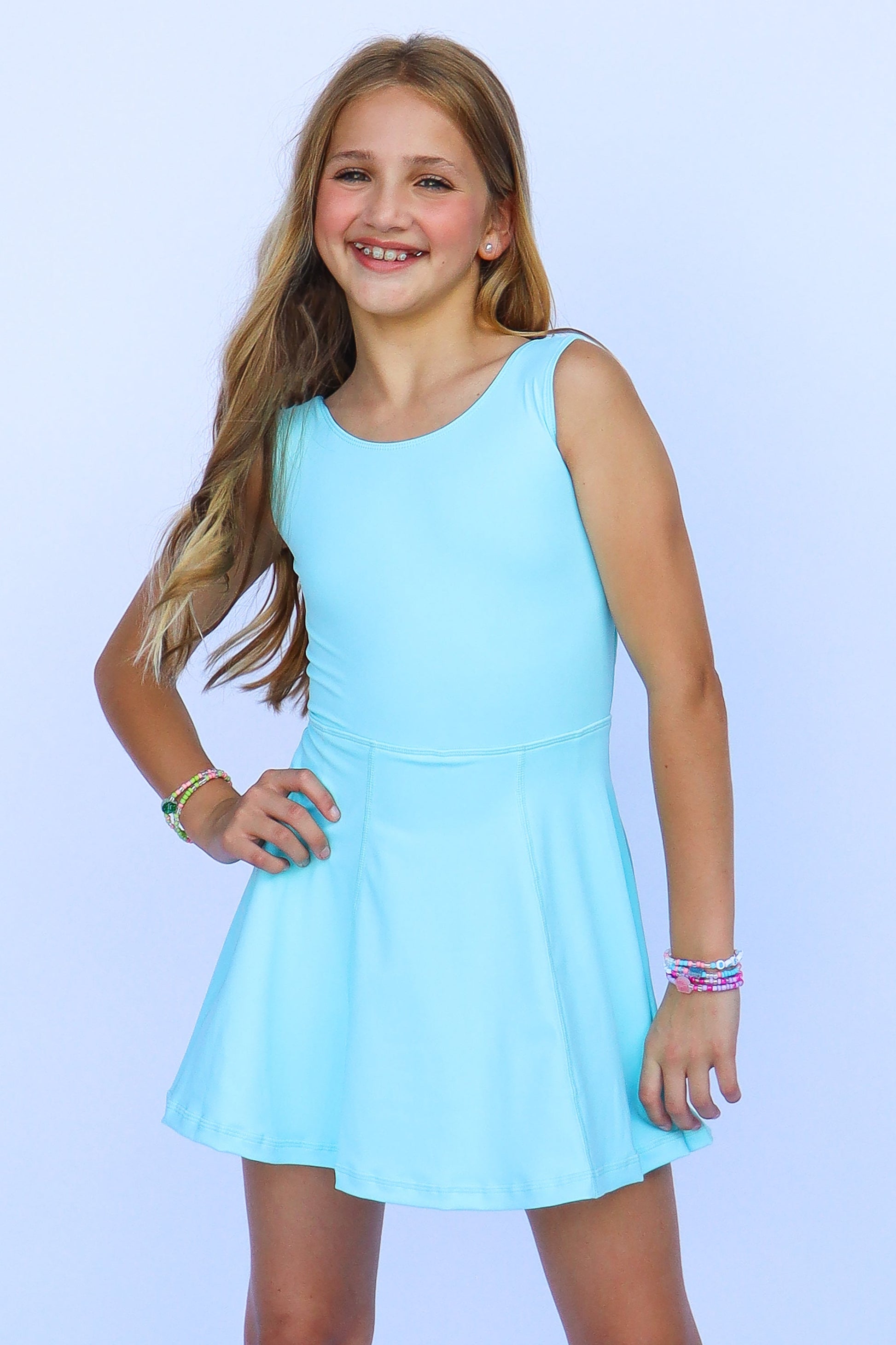 Aqua athleisure dress for kids, front view