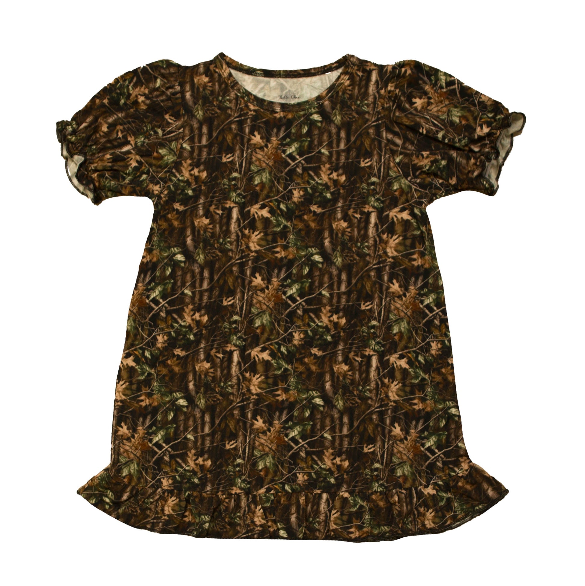 Oak camo play dress for kids with soft breathable fabric and playful camouflage design