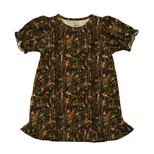 Oak camo play dress for kids with soft breathable fabric and playful camouflage design
