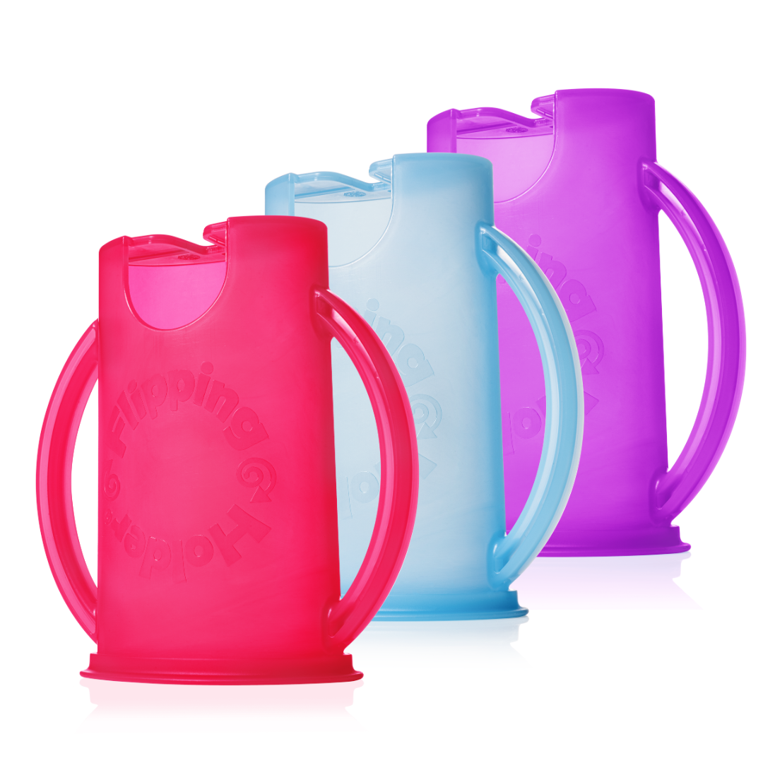 Blue and pink no-squeeze pouch holder set