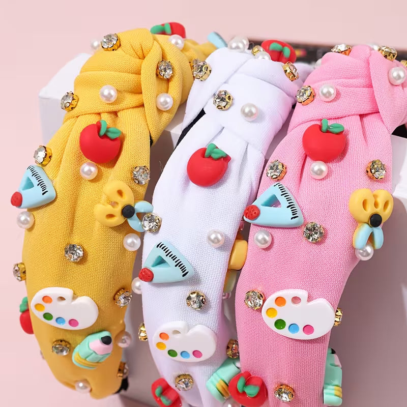 Adorable back to school headband hair accessory fabric and material close-up