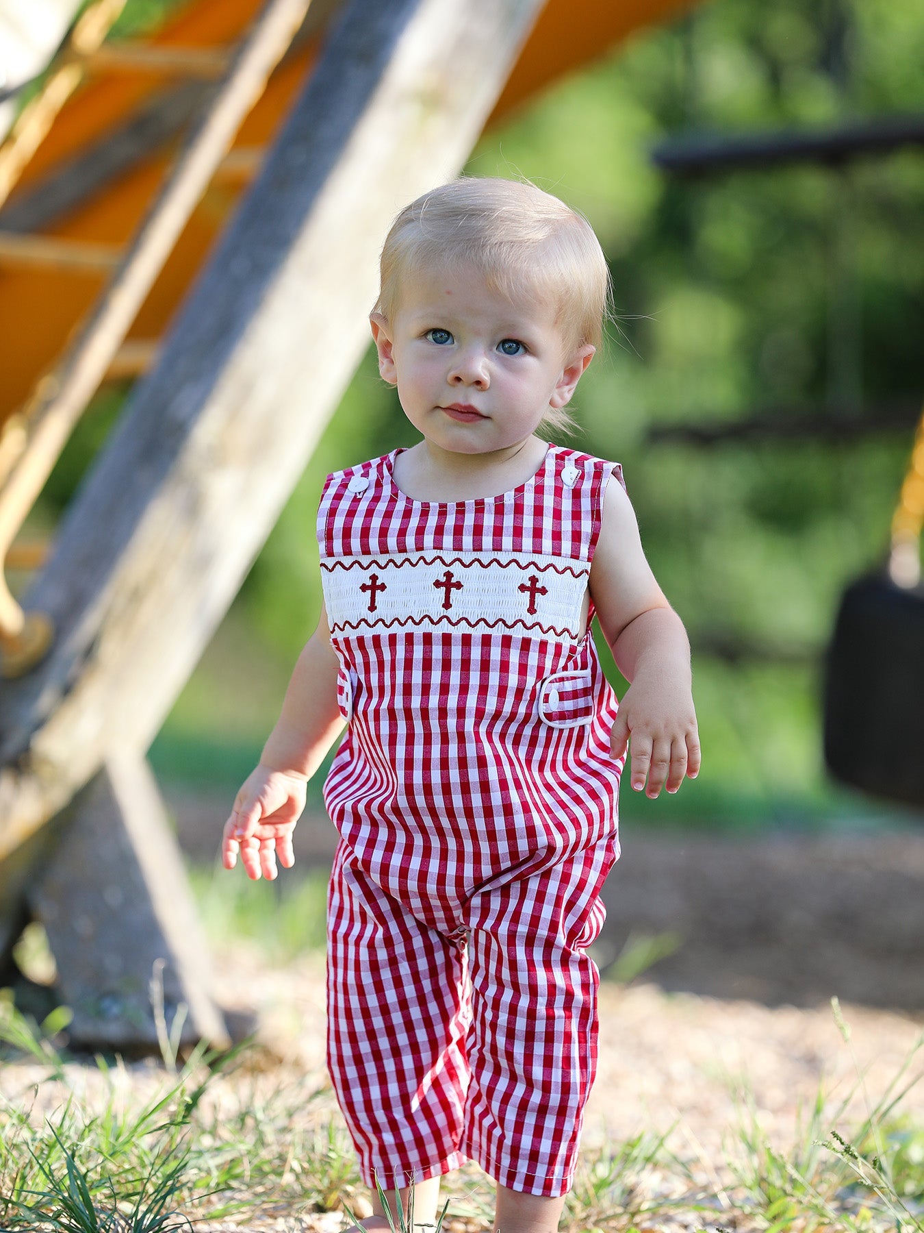Red Plaid Smocked Church Christ Bishop Christening Baby Boys' Romper