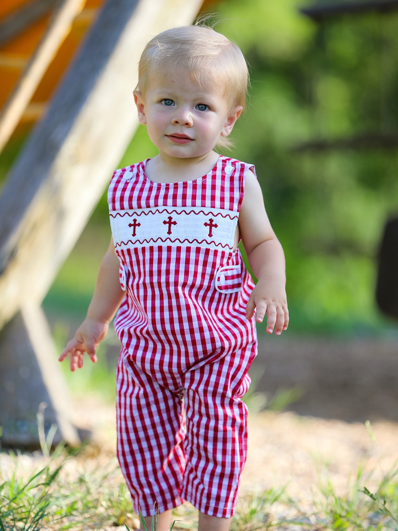 Red Plaid Smocked Church Christ Bishop Christening Baby Boys' Romper