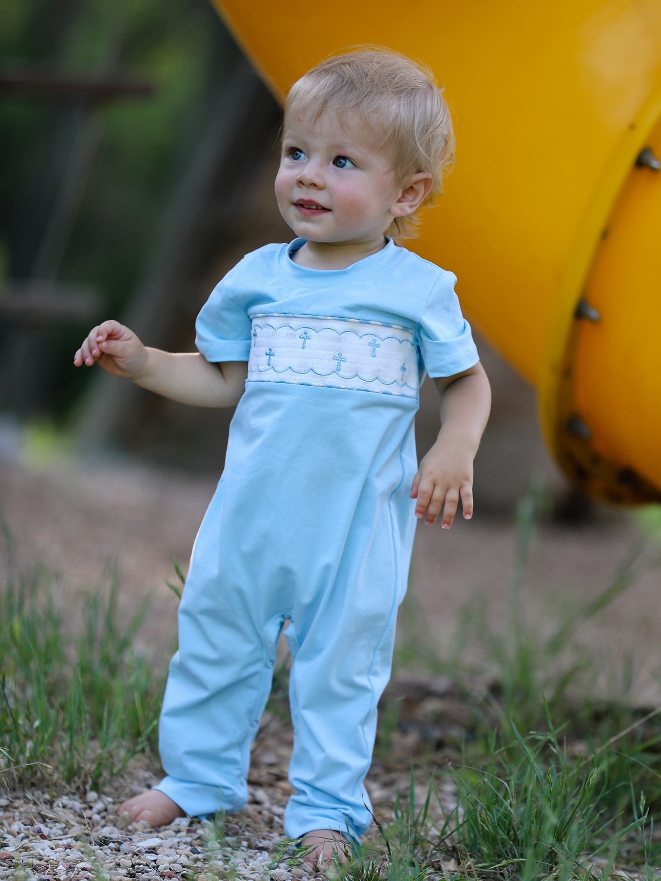 Blue Smocked Church Christ Bishop Christening Baby Boys' Romper