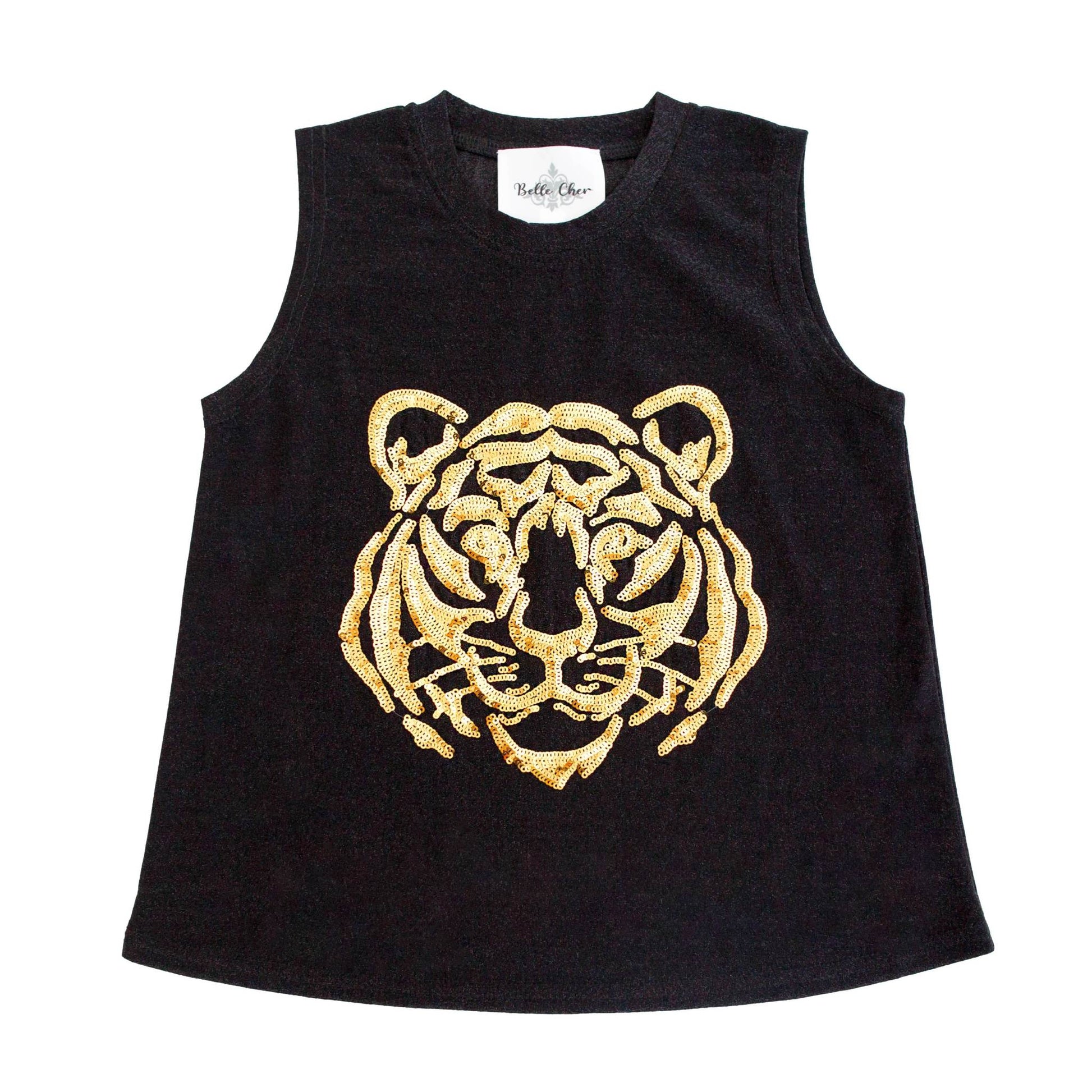 Black kid tank top with glittery tiger face design
