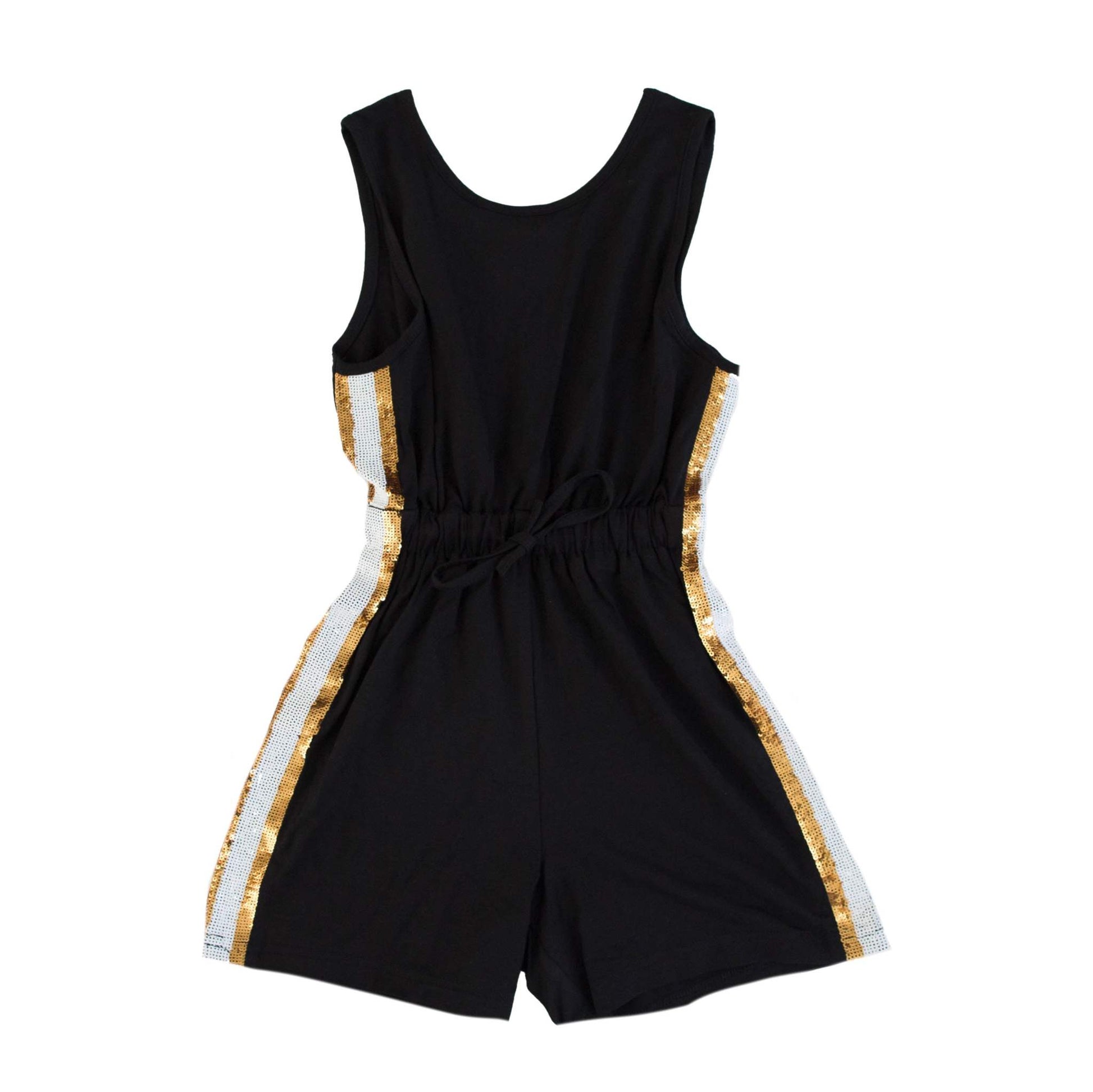 Black and gold striped sleeveless kid romper with elastic waist and shorts design