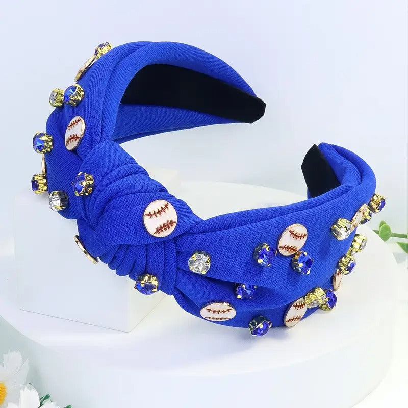 Sporty knotted blue baseball headband with rhinestones and baseball accents