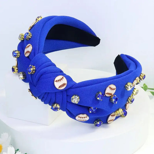 Sporty knotted blue baseball headband with rhinestones and baseball accents