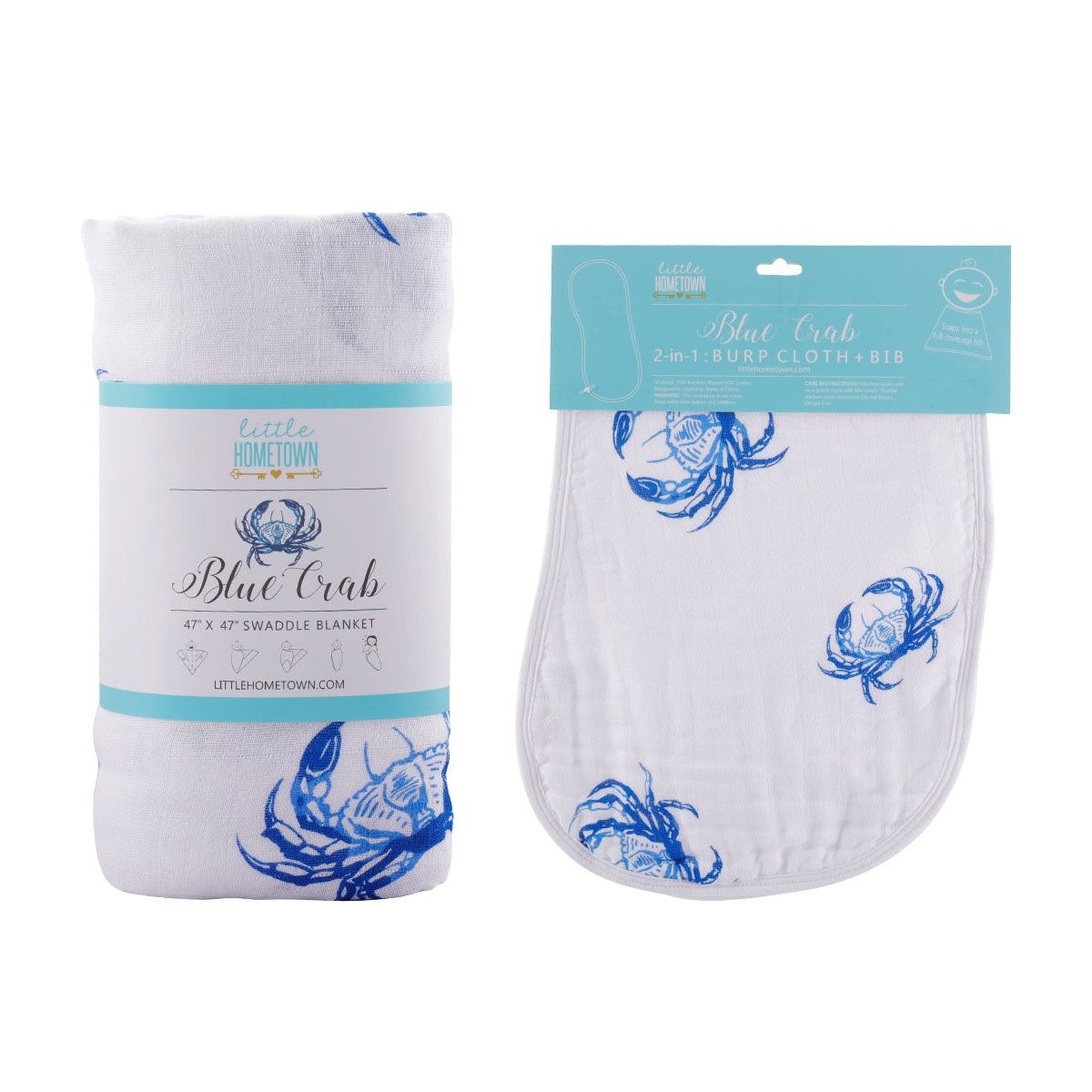 Gift Set: Blue Crab Baby Muslin Swaddle Blanket and Burp Cloth/Bib Combo side view