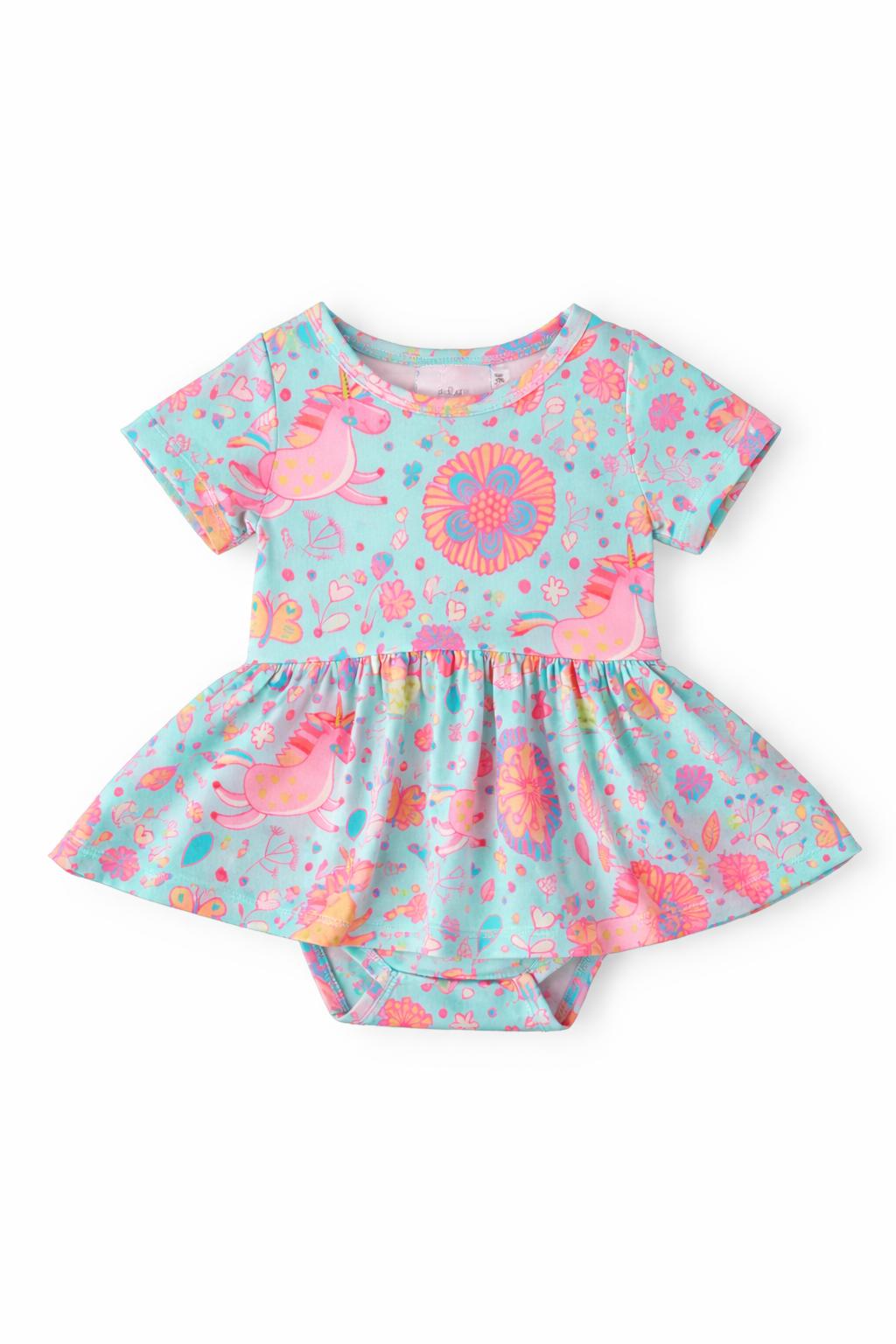 Blue Retro Unicorns S/S Twirl Bodysuit