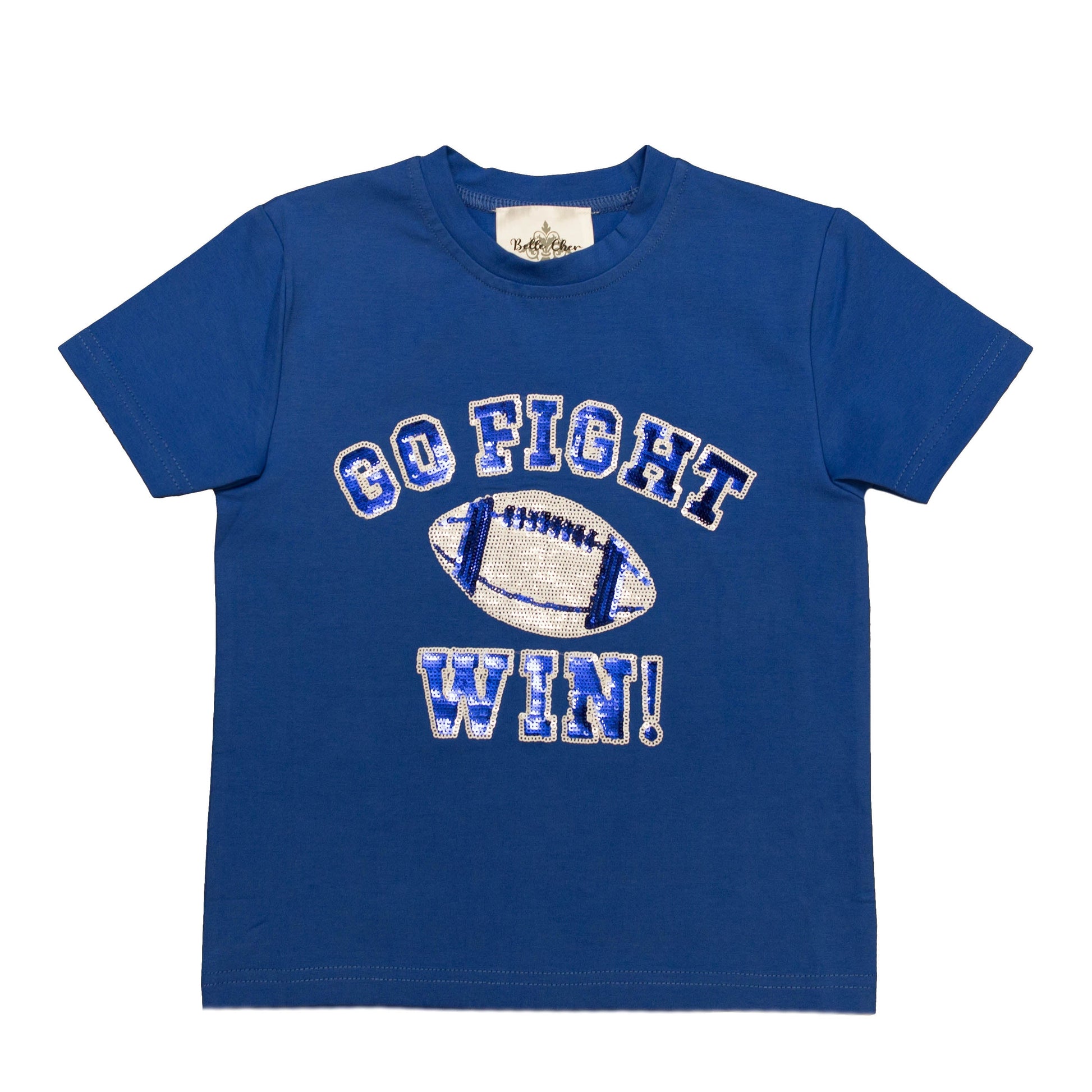 Royal blue and white sequin kid shirt with Go Fight Win football design