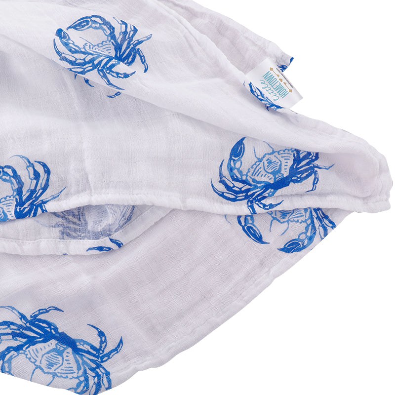 Gift Set: Blue Crab Baby Muslin Swaddle Blanket and Burp Cloth/Bib Combo full length view