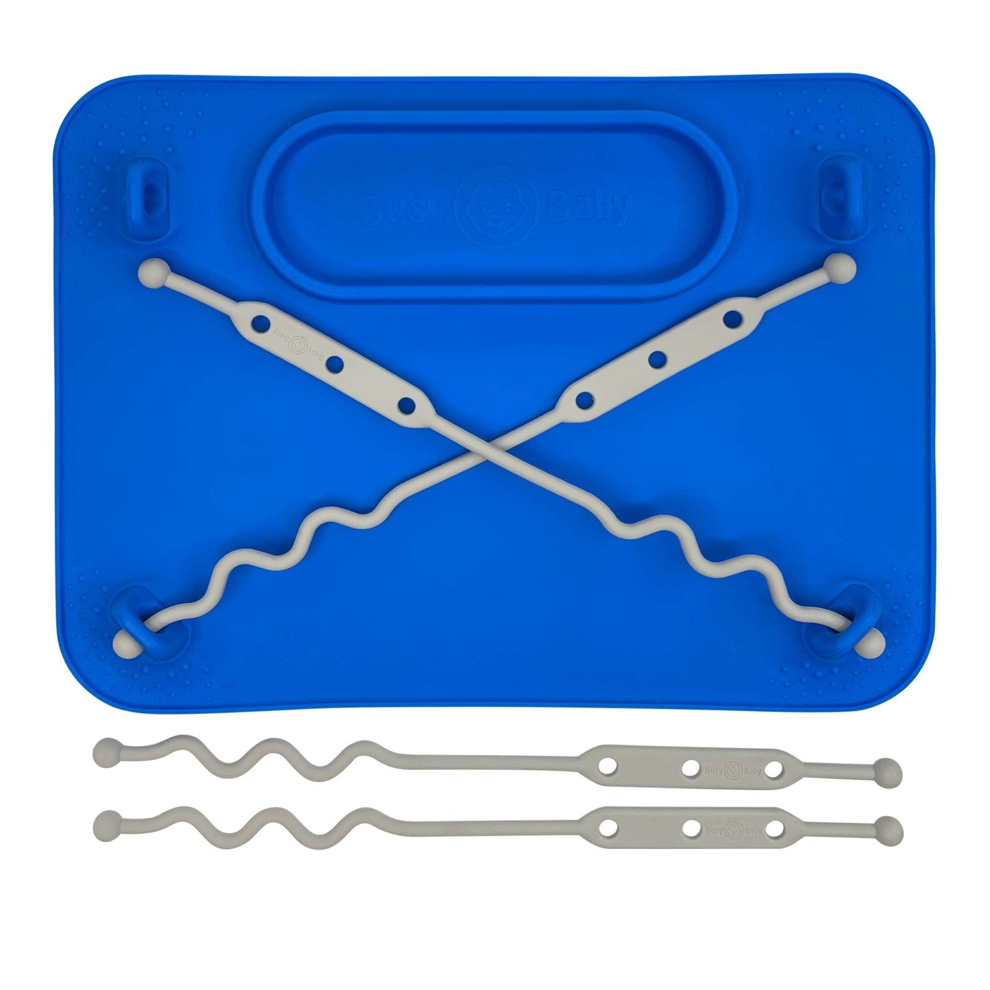 Blue Busy Baby Mat silicone suction placemat with toy straps to hold utensils and toys securely