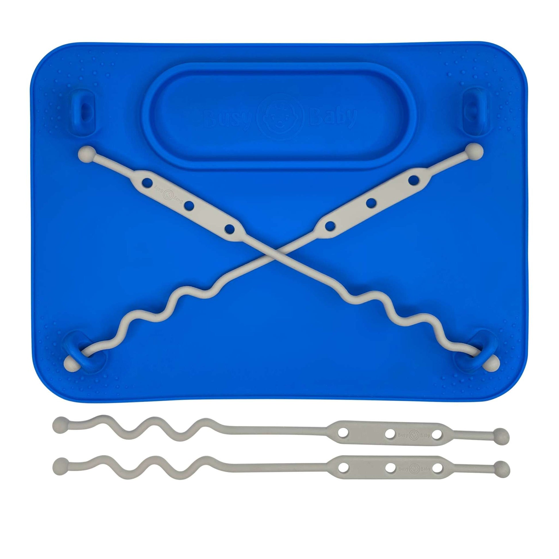 Blue Busy Baby Mat silicone suction placemat with toy straps to hold utensils and toys securely