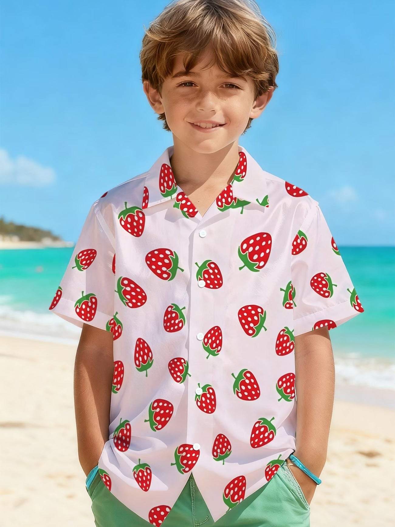 Boys’ Strawberry Print Cuban Collar Shirt – Sweet & Stylish Summer But