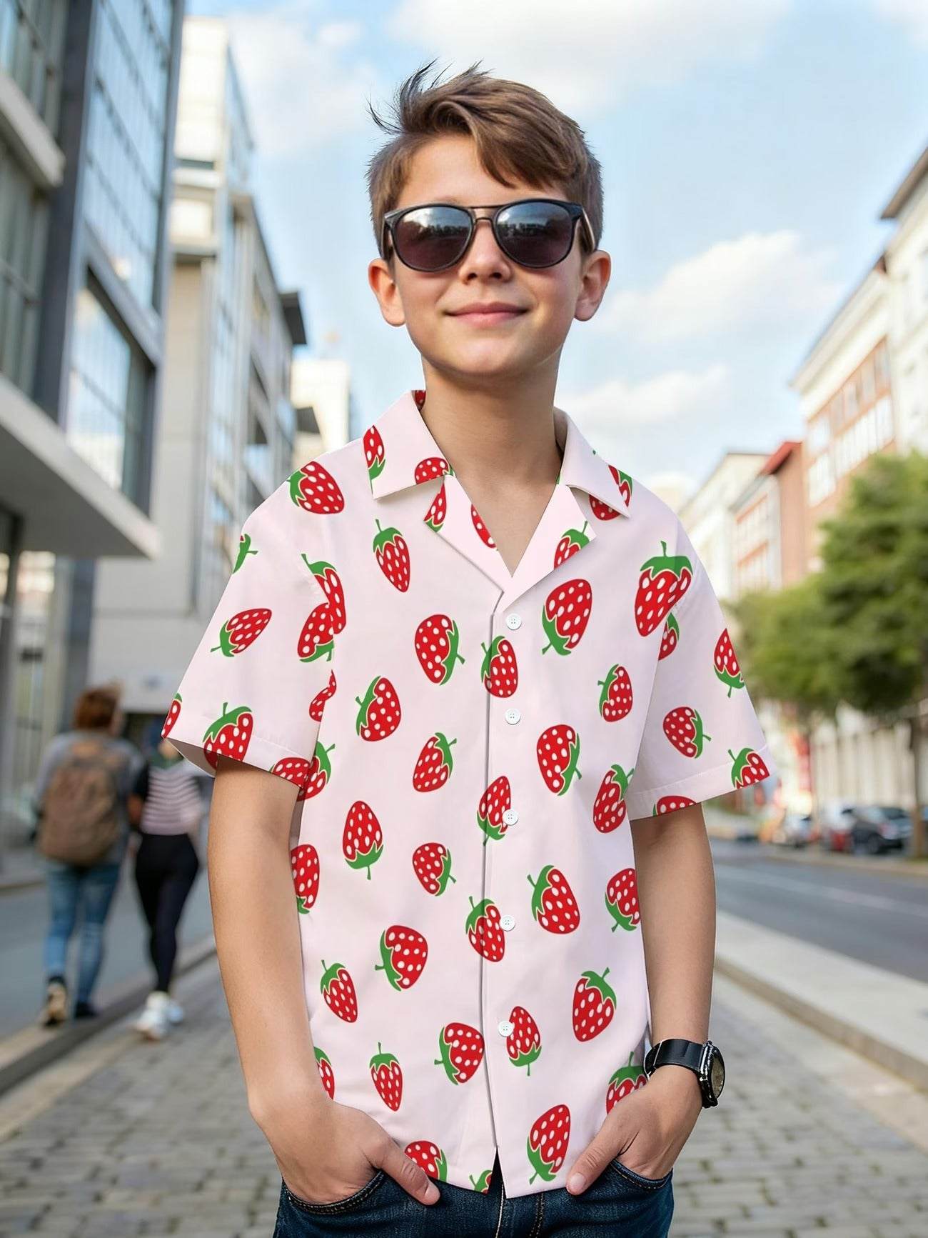 Boys’ Strawberry Print Cuban Collar Shirt – Sweet & Stylish Summer But