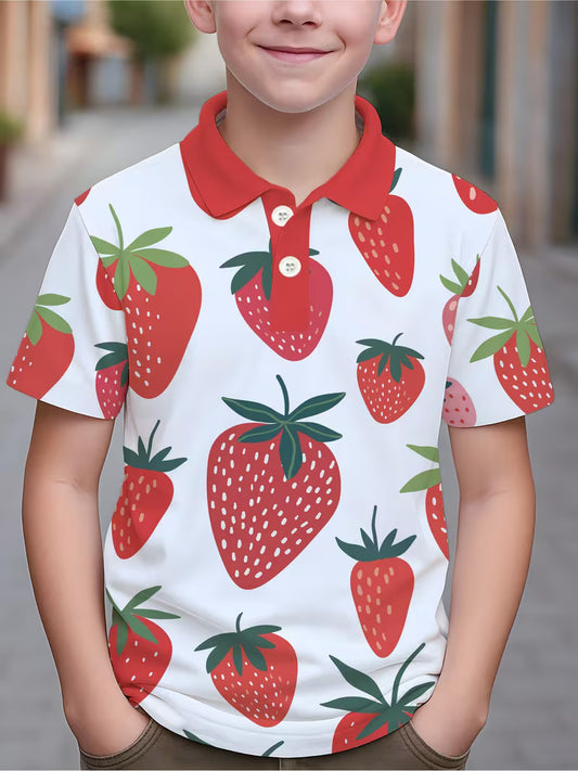 Boys’ Strawberry Polo Shirt – Sweet Southern Strawberry Print, Short Sleeve