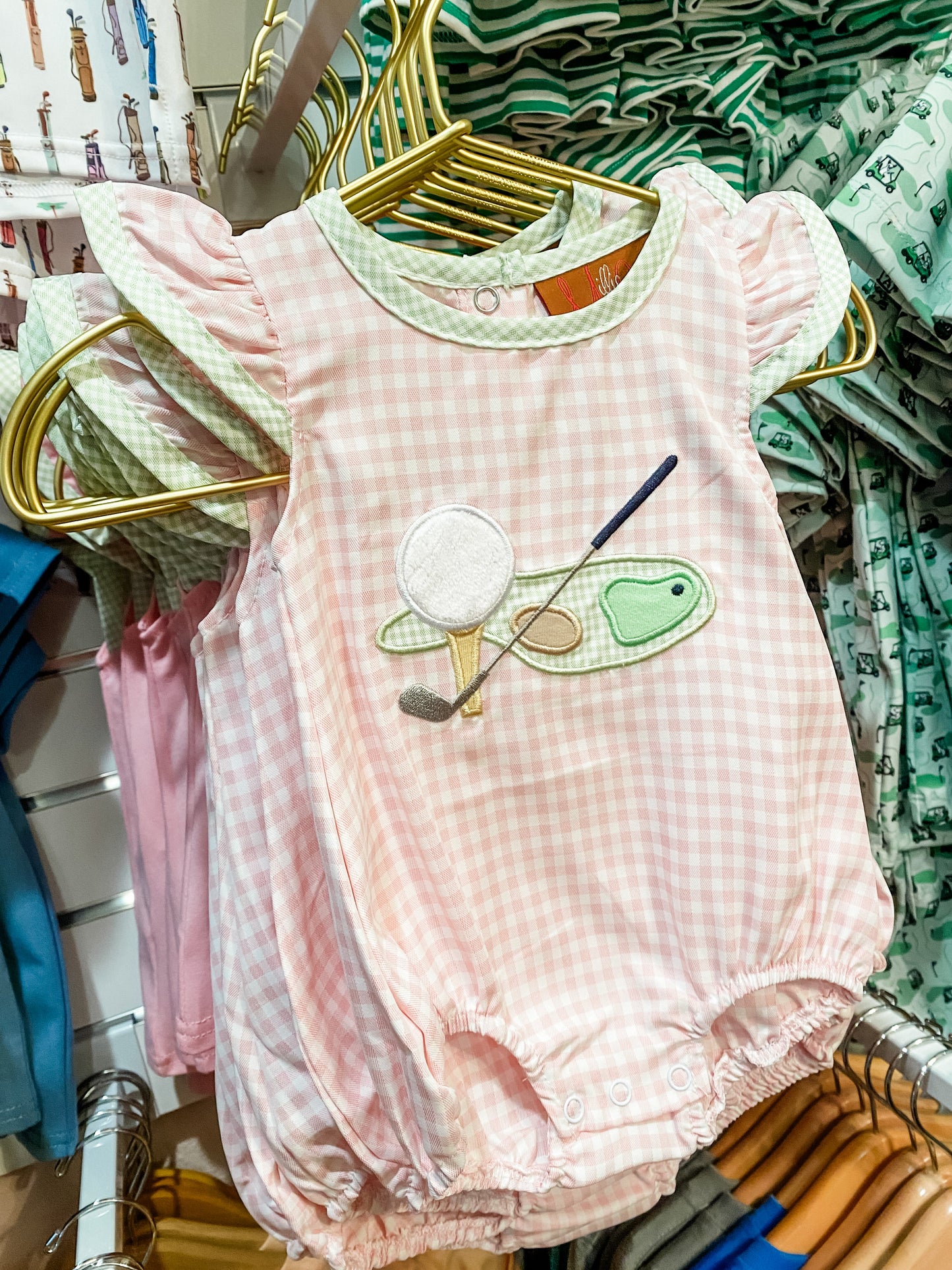 Pink gingham golf applique bubble detail view