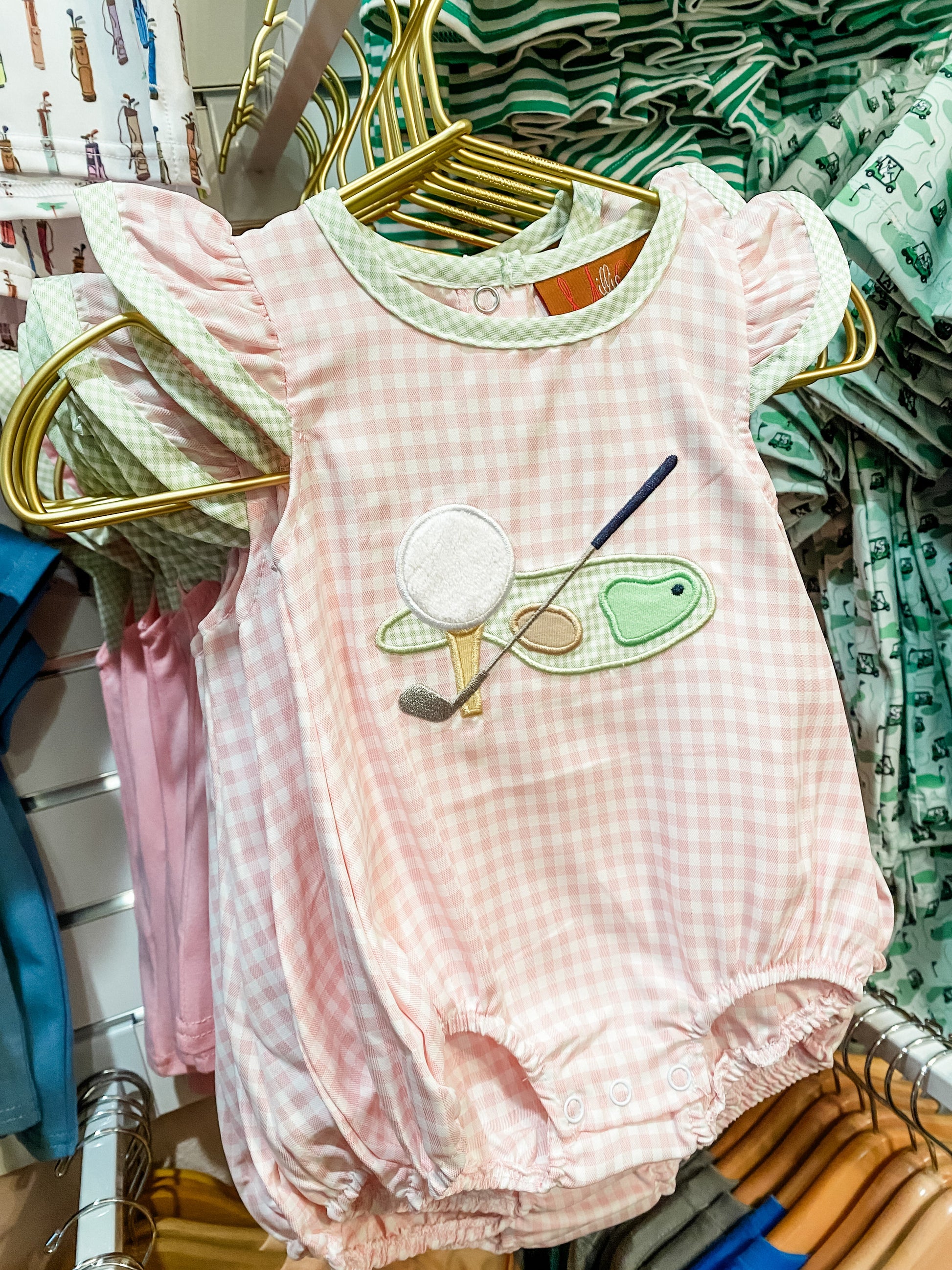 Pink gingham golf applique bubble detail view