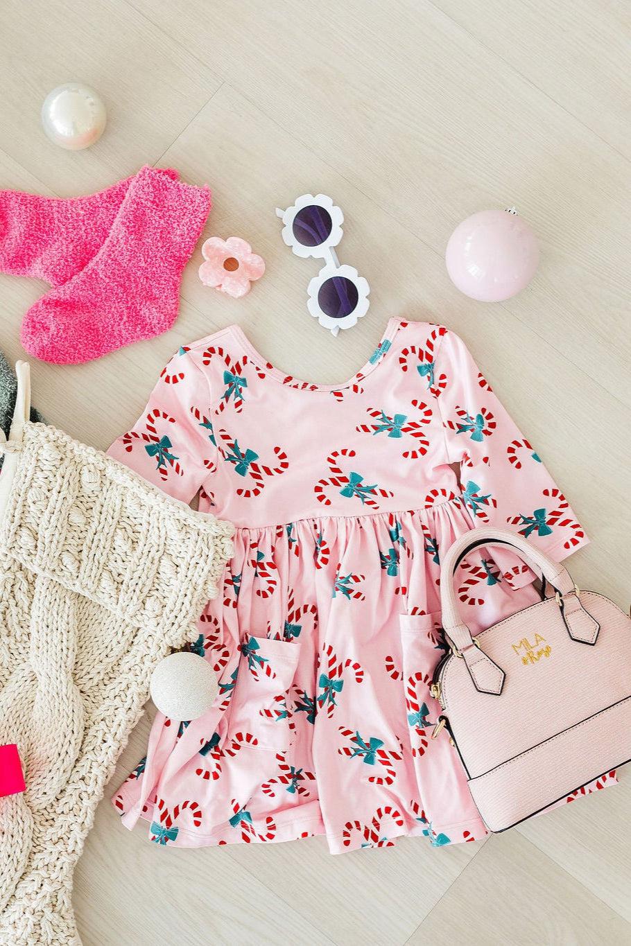 Candy Cane Cutie 3/4 Sleeve Pocket Twirl Dress