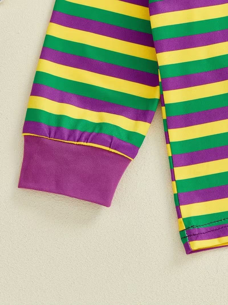 Mardi Gras carnival long sleeve striped top, full view