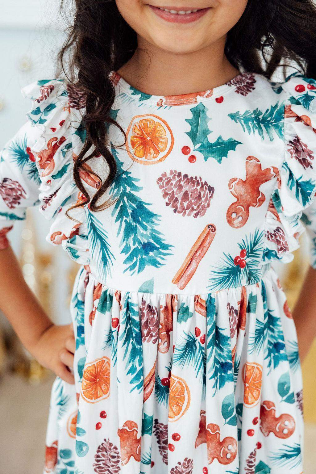 Classic Christmas 3/4 Sleeve Ruffle Twirl Dress